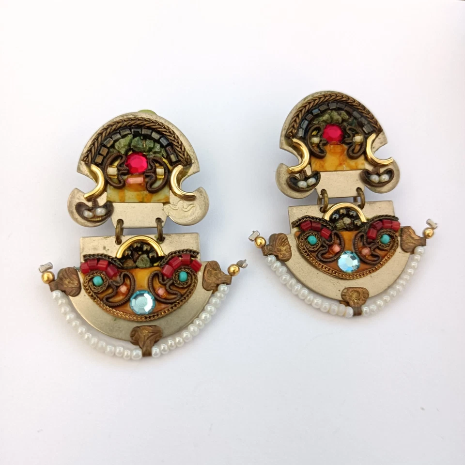 Ayala Bar Vintage Clip On Earrings Boho Mosaic Folk Art Colorful Israeli Artisan - Image 4 of 4