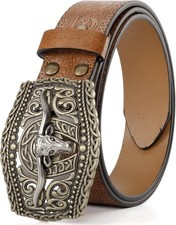 Men Women-Western-Cowboy-Leather-Belts - Longhorn Bull Pattern Buckle Belt Flora