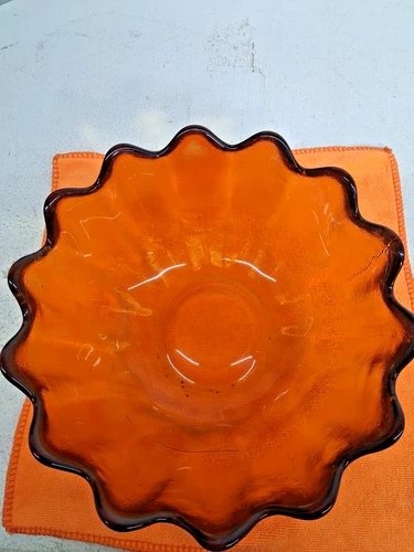 Blenko Glass Lotus Flower 14 Petal Amber Bowl Dish Mid Century Modern Vtg MCM 9'