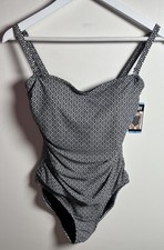 DKNY Women's Black White Geometric Print Adjustable Strap One Piece Swimsuit L