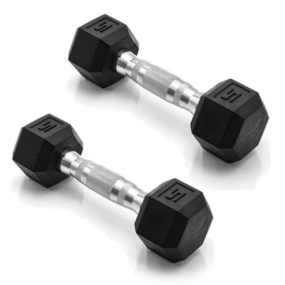 CAP 5 LB Rubber Coated Hex Dumbbell Hand Weight - Pair | Chrome Handle