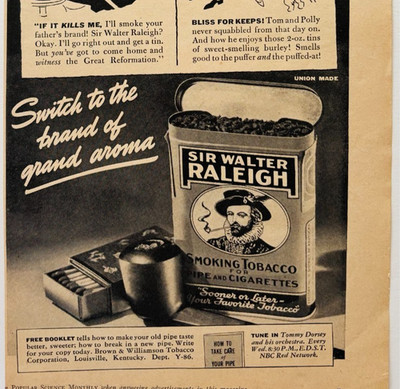 1938 Sir Walter Raleigh Pipe Tobacco Advertisement Antique Smoking E90F2