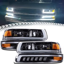 For 99-02 Chevy Silverado 00-06 Suburban Tahoe LED DRL Headlights Black Housing