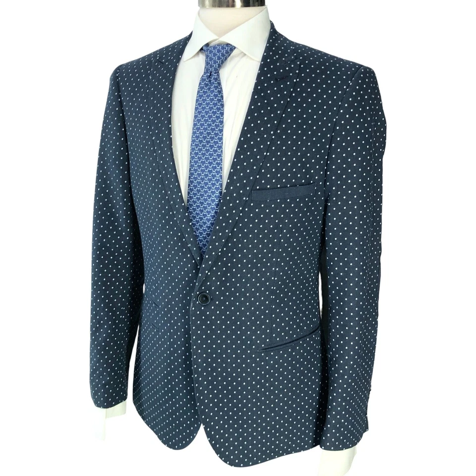 Traje Paisley y Gris Para Hombres 40R Calce Ajustado Azul Marino Blanco Lunares Mezcla de Lino Dos Piezas Foto 2 de 4