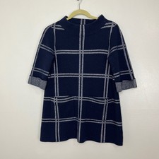 Moth by Anthropologie Plaid Mock Neck 3/4 Sleeve Knit Wool Dress Navy Silver S