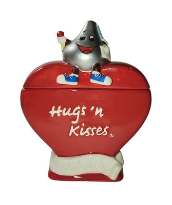 Hershey's Hugs 'N Kisses Heart Shaped Candy Treat Jar Red Ceramic Canister W/Lid