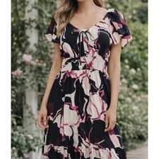 Nine West Midi Dress Womens S Black Pink NWT Abstract Floral Smocked Tiered Boho