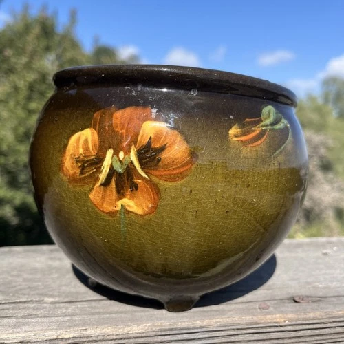McCoy Art Pottery LOY NEL  Footed Jardiniere painted Pansy Brown Glaze Vintage