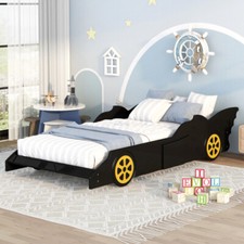 Twin Size Race Car-Shaped Platform Bed with Wheels Wood Bed Frame for Boys Girls