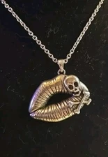 Skull Necklace Silver Lips Crossbones Love Raw Steel Pendant By Controse 26"