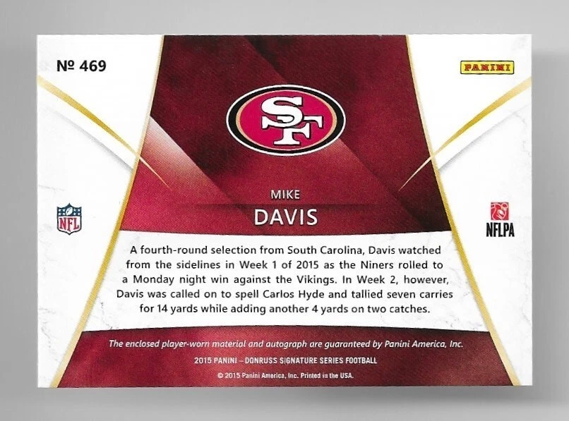 mike davis 2015 donruss signature series autograph jersey auto true rc #469 - Image 2 of 2