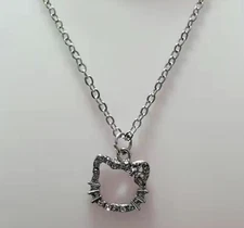 Sparkly, Cartoon Hello Kitty Head With Silver Bow Pendant, Silver Chain Necklace