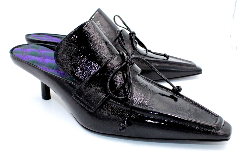 NWOB Burberry Kitten Heel Black SOVEREIGN Mules Loafers Patent Leather 38