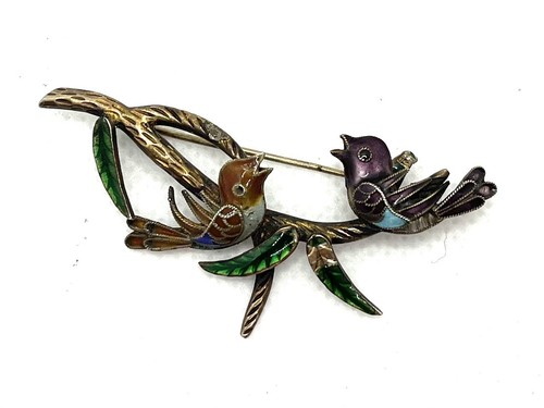 Antique Chinese export enamel birds on a branch pin