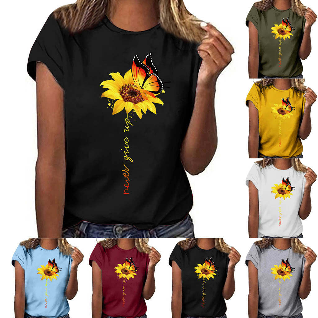 Butterfly Sun Flower Short Sleeve Women casual top