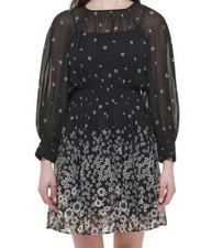TOMMY HILFIGER WOMENS FIT & FLARE DRESS CHIFFON FLORAL BLACK & MULTCLR SIZE 6 US