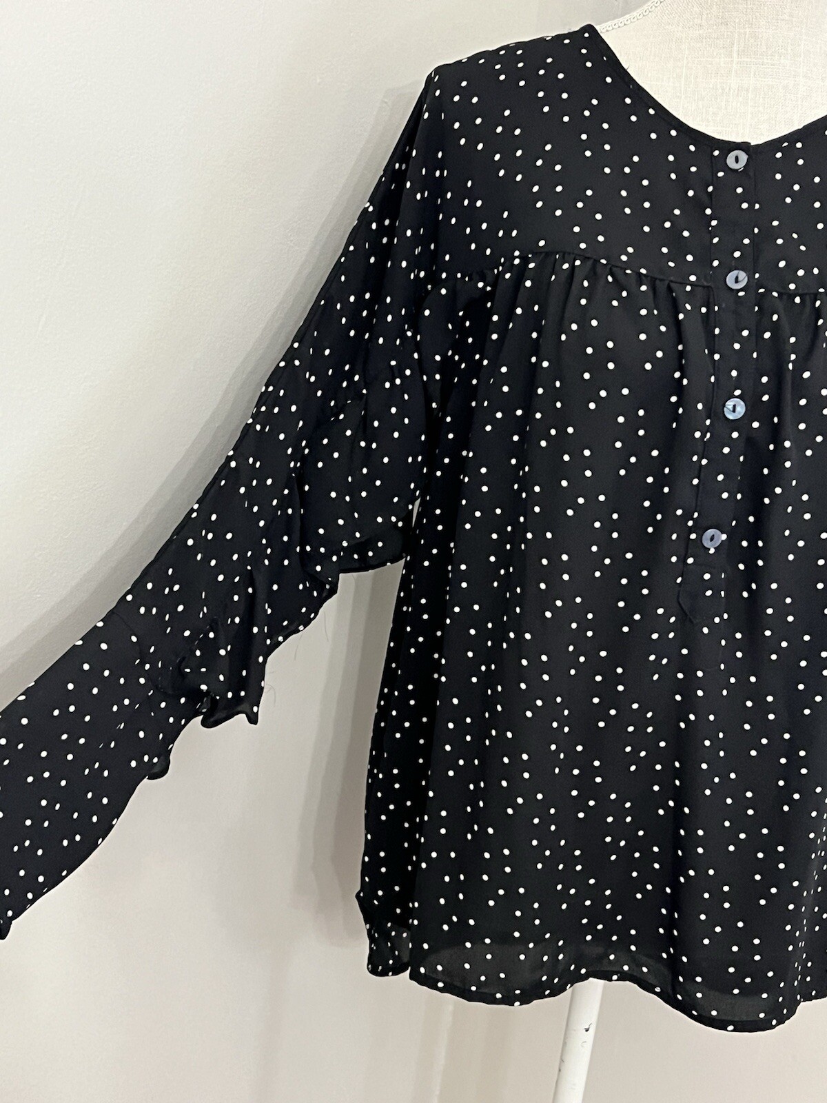 Max Studio Polka Dot Blouse with Long Ruffle Sleeves and Half Button Front in Size M