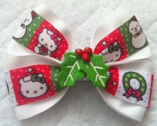Girls Hair Bow 4" Wide Christmas Hello Kitty White Ribbon Holly Flatback