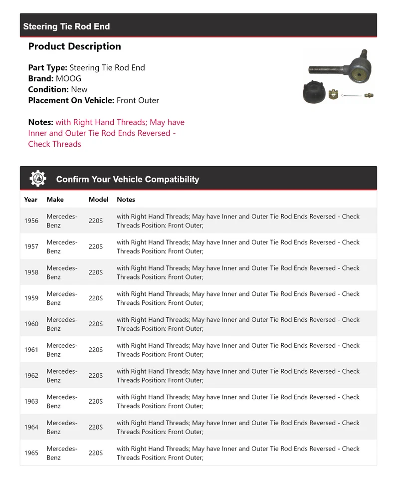 Para Mercedes-Benz 220S 1956-1965 extremo de barra de dirección exterior delantero MOOG 1956 1957 Foto 2 de 4