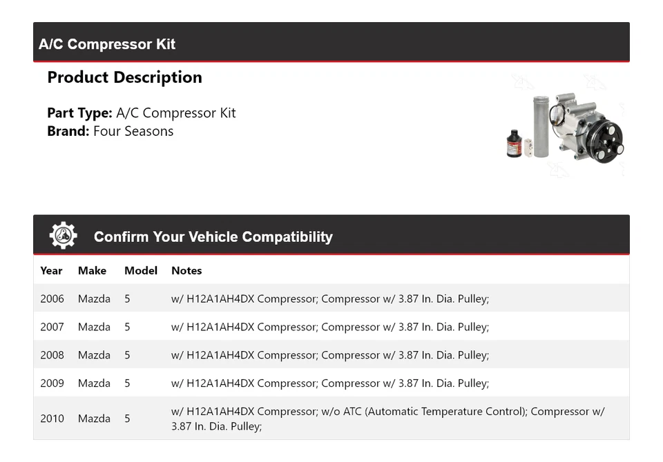 Kit compresor aire acondicionado 5 para Mazda 2006-2010 4 estaciones 2007 2008 2009 Foto 2 de 4