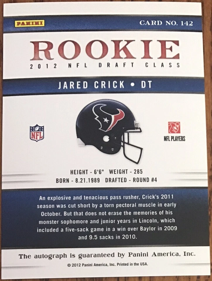 2012 Elite Turn Of The Century Autographs Jared Crick #142 #’d 330/599 - Image 2 of 2