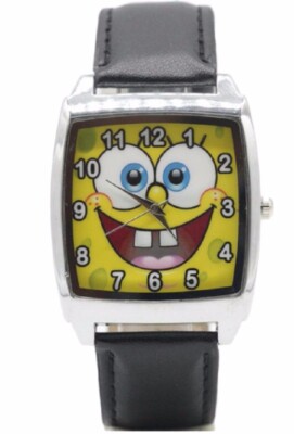 Sponge Cartoon Bob Logo Black Square Genuine Leather Band Wrist Watch