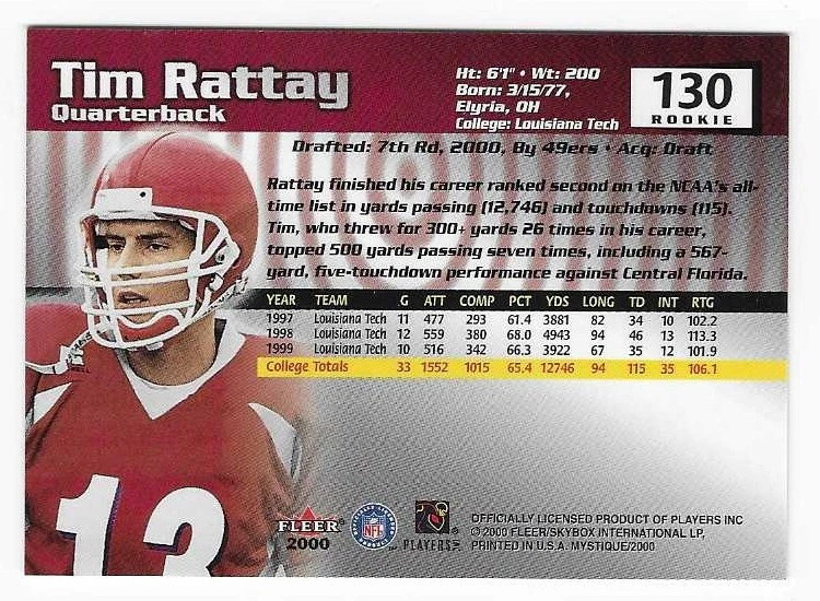 2000 Fleer Mystique Rookie Tim Rattay San Francisco 49'ers /2000 #130 RC - Image 2 of 2