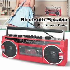 Portable 4-Band Bluetooth Radio with USB/AUX & Cassette Player/Recorder Boom Box