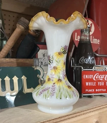 Fenton Glass Vase - TJ Mendenhall Hand Paint - "Bee Happy"