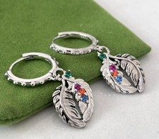 Sterling Silver Feather Leaf Huggie Hoop Earrings Rainbow CZ Dangle Boho Gift