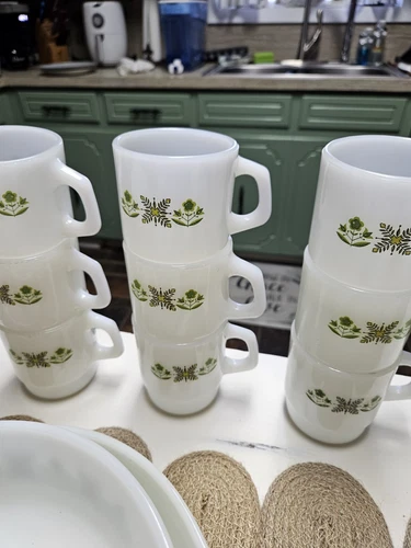 Vintage Anchor Hocking Milk Glass Fire King Mug Green Flower Print