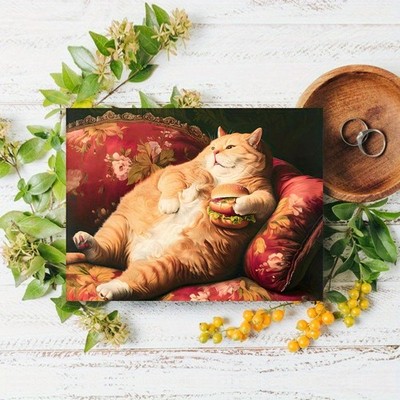Canvas Art Chubby Orange Cat Burger Floral Sofa Funny Pet Wall Decor