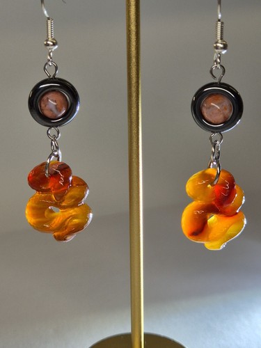 Natural Hand Carved Snake Agate And Hematite Earrings Stainless Steel