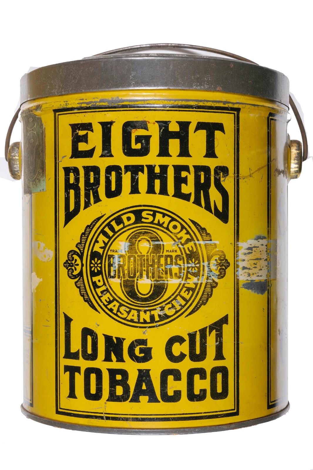 Rare 1910s “Eight Brothers” lunch pail humidor tobacco tin in good condition