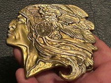 Vintage brass Native American Chief headress belt buckle