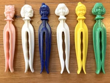 6 Vintage Rogers Clean Grip Pastic Clothes Pins Cat Dog Baby Lady Finials