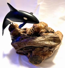 John Perry Killer Whale Orca Burl Wood Base Sculpture MCM Mid Century Modern