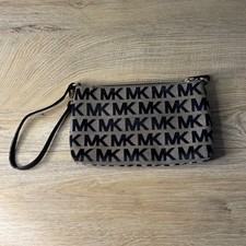 Michael Kors MK Logo Canvas Wristlet Pouch Clutch Cosmetic Bag Gold Tone