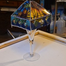 Handmade Stained Glass Trinket Box with Wine Glass Base and Colorful Design