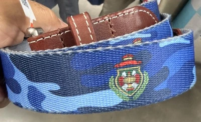 Peter Millar Blue Camo Belt Leather Trim Sz 36 Made In USA New - Image 1 of 4