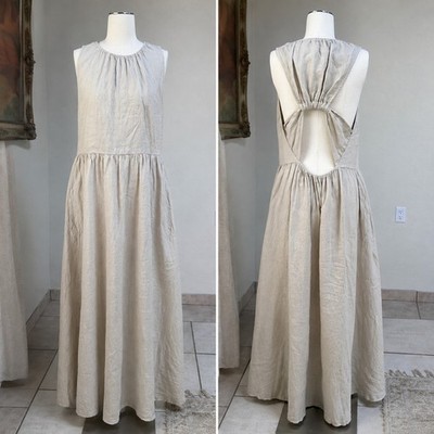 100% Linen Open Back Maxi Dress Pockets Minimalist Resort Quiet Luxury Natural L