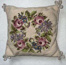 Needlepoint Floral Pillow Cover 8x8 Corded Trim Velvet Back Flowers Small