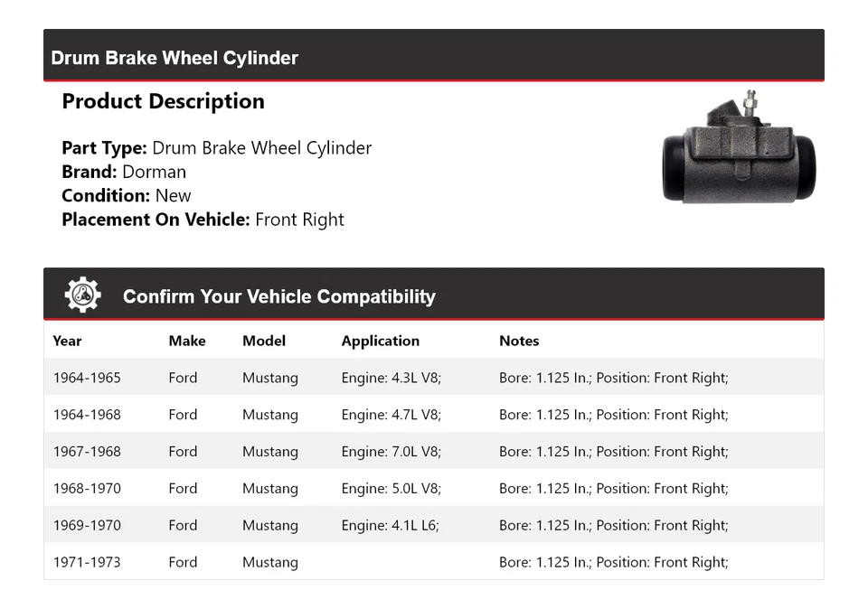 适用于 1964 - 1973 福特野马 Dorman 鼓制动轮气缸前右 1965 — 第 2/4 张图片
