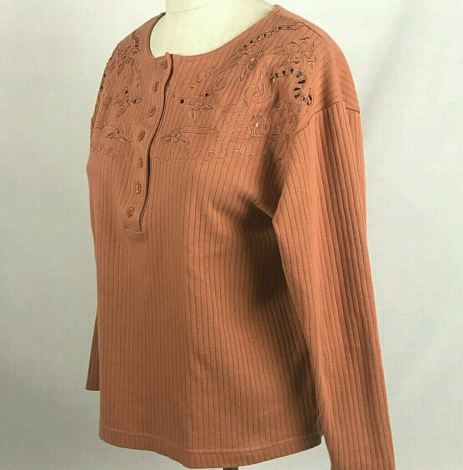JL Plum Top Womens Size S Terra Cotta Ribbed 100 Cotton Embroidery