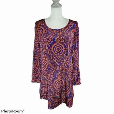 Blu Pepper Navy & Rust Paisley Print Lightweight Shift Dress Long Sleeve Lined M