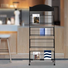 4-Layer Mobile Metal Floor-Standing Magazine Newspaper Rack Black with Wheeled