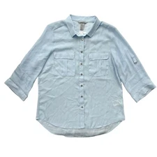 H&M Women’s Sz 12 Light Blue 3/4 Roll Tab Sleeves Lightweight Button Front Shirt
