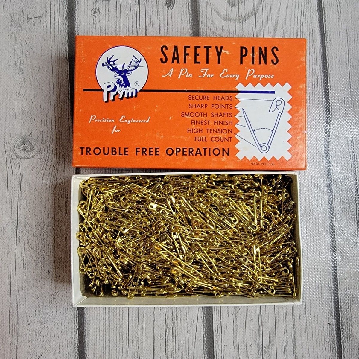 Épingles De Sécurité Vintage Prym USA - Taille 00, Laiton Doré Plaqué Or - Lot De 10 Brut - Rare