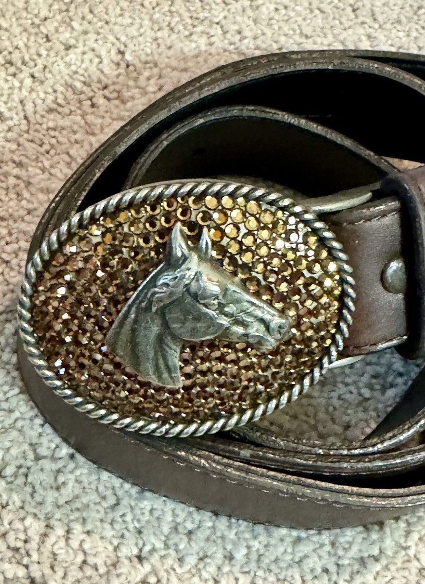 Vintage Ben-Amun Brown Leather Belt Rhinestone Silver Horse  display picture 3