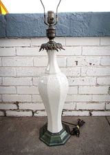 X Large Vintage Hand Painted Cream Ceramic & Metal Lamp Base Leviton Urn Style